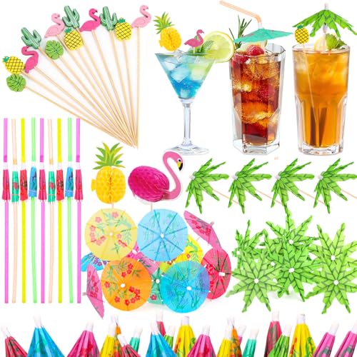 Paxcoo Drink Umbrellas, 180PCS Cocktail Drink Accessories Includes Umbrella Straws, Umbrella Toothpicks, Decoration Picks for Aloha Tropical Hawaiian Luau Party Decorations