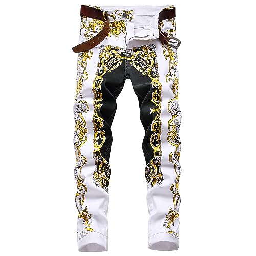 COOSVEN Mens Printed Jeans - Premium Jeans for Men Slim Fit - Skinny Stretch Denim Printed Pants for Men (white-black-yellow584, 32)