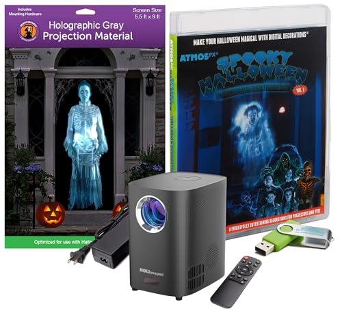Reaper Brothers Spooky Halloween Hollusion Digital Decoration Kit Includes 8 AtmosFX Video Effects for Halloween Plus HD Super Bright Projector and 5.5' x 9' Holographic Projection Screen