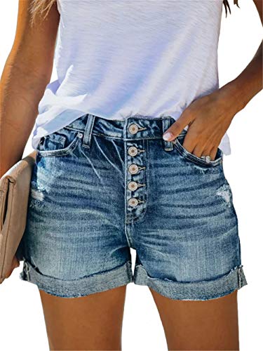 Angerella High Wasted Shorts Women Ripped Folded Hem Distressed Button Fly Denim Jean Shorts Blue XL