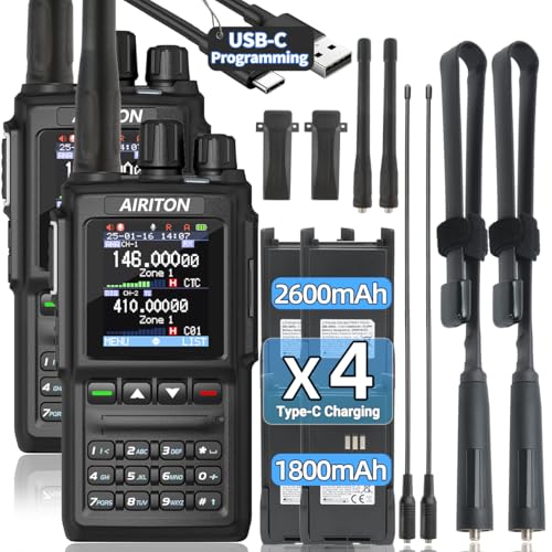 Airiton DM-168 DMR Radio DMR & Analog Handheld Ham Radio Dual Band with Noise Reduction Walkie Talkies 10K Talk Groups, 4 Batteries, USB-C Charging & Programming for Hunting Team Work (2Pack)