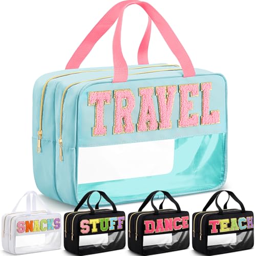 Pinkunn Large Travel Bag with Handle Double Zippered Chenille Letter Bag White Extra Large Clear Travel Pouch Waterproof Nylon Makeup Cosmetic Bag for Women Girls Toiletry Supplies