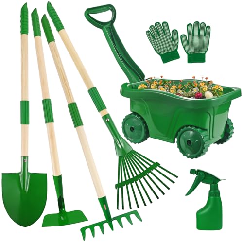 Duckura Kids Gardening Tools Set - 7pcs Wheelbarrow Set for Kids with Shovel, Rake, Leaf Rake, Summer Outdoor Yard Digging Weed Toys, Halloween Birthday Gifts for Boys Girls Age 2 3+ Years Old(Green)