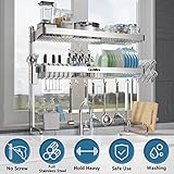 Loyalfire Over Sink Dish Drying Rack, 3 Tier Adjustable Length (20.87'' to 37.6'') Full Stainless Steel Large Storage Kitchen Dish Rack, Expandable Drainer Shelf Rack with Multifunctional Organizers