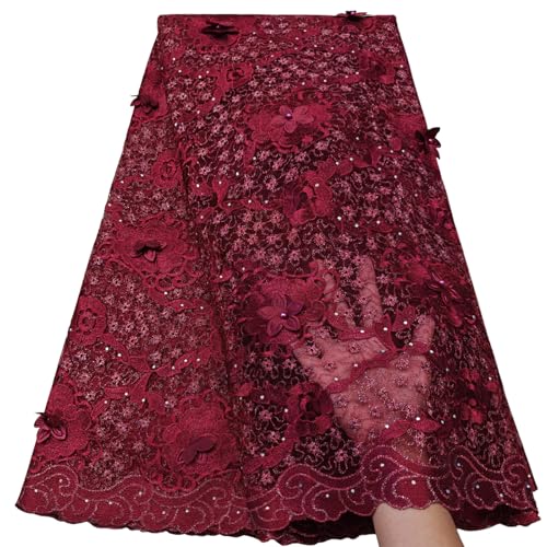 Bestway Lace Fashion 3D Floral Rhinestones Embroidery with Beads Soft African Lace Fabric 5 Yards Nigerian Wedding Party Style Sewing Material(Wine Red)