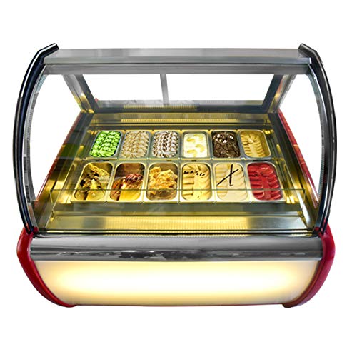 Kolice Commercial 12 Pans Ice Cream Showcase Display Freezer Ice Cream Display Cooler, Cool Air Convection Design, Auto Defrost, Anti-Fog Glass, LED light included