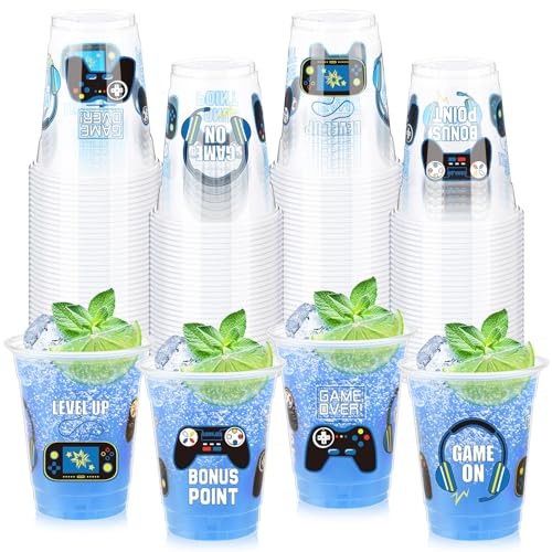Sunnychicc 50 Pcs Video Game Party Supplies 12 Oz Gaming Birthday Disposable Cups Blue Level up Plastic Cups for Gamer Birthday Video Game Party Favors