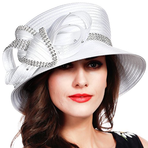 Church Dress Derby Hats for Women White - Satin w Rhinestone