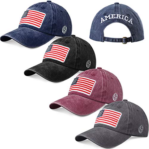 Geyoga 4 Pieces American Flag Baseball Caps USA Tactical Cap Patriotic Pride Hats Washed Distressed Cotton US Flag Hats for Men Women Teens