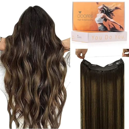 DOORES Wire Hair Extensions 16 Inch 95g Remy Human Wire Hair Extensions Invisible Transparent Line Adjustable Hairpieces Secret Extensions Straight Hair Balayage Dark Brown to Chestnut Brown