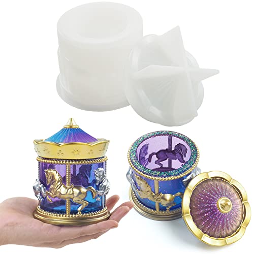 Voaesdk Storage Box Resin Molds, Carousel Jar Silicone Moulds with Lid, Jar Epoxy Mold for DIY Trinket Box, Organizer Bottle, Candy Container, Flower Pots, Candle Holder, Home Decor Gifts