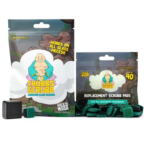 Chubbs Scrubb Magnetic Glass Cleaner with 40-Pack Replacement Scrubb Pads Bundle - Mini Magnetic Scrubber Kit That Removes Tough, Built-Up Stains From Glass, Ceramic & Metal
