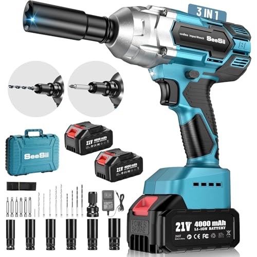 Seesii Cordless Impact Wrench 1/2 inch, High Torque 479 Ft-lbs(650Nm) Brushless Impact Gun,2500RPM w/2x4.0 Battery, 6 Sockets,8 Drill Bits, High Torque Power Impact Driver for Car Home,WH700