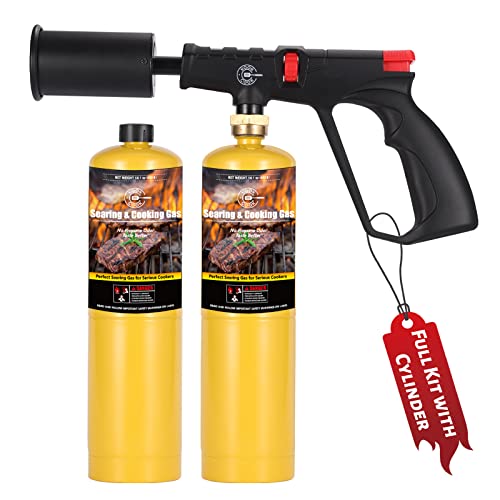 KookCook Propane Cooking Torch Kit with 2x Searing MAPP Gas Tanks Grill Torch Gun for Sous Vide Map Pro Gas Torch Kits Camp Fire Starter Charcoal Torch Lighter Blow-Torch for Cooking BBQ Flamethrower