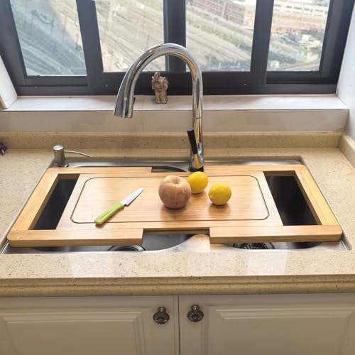 SwallowLiving Expandable Wooden Over The Sink Cutting Board with Juice Groove for kitchen, Wood Kitchen Sink Cover Chooping Board for Counter Space