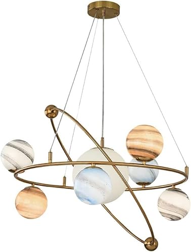 Nordic Schoolhouse Creative Planet Chandelier for Kids Bedroom Modern Gold Glass Ball Pendant Light Large Round Ring Hanging Ceiling Lamp Astronaut for Bedroom Children Kindergarten Toy Room(7 lights)