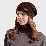 Winter Beanie Hat Scarf Touchscreen Glove Set for Men Women,Slouchy Knit Ski Cap Neck Warmer with Fleece Lined for Unisex (Brown Beanie Scarf and polyester and spandex Black Glove)