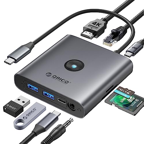 ORICO USB C Docking Station, 9 in 1 USB C Hub with 4K HDMI, SD & TF Card Readers, 2 USB-A 3.0, USB-C 3.0, 2.5G Ethernet, AUX, 100W PD - Multiport USB Adapter for MacBook Air Pro, Other Type C Devices