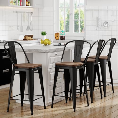 Yongqiang Barstools Set of 4 Counter Height Bar Stools for Kitchen Island Farmhouse Metal High Back Bar Chairs Wooden Seat 24" Matte Black