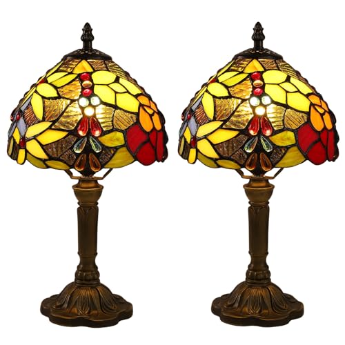 tuomoxte Tiffany Small Table Lamp for Bedroom Set of 2 Bedside Nightstand Lamp Rose Flower Grape Stained Glass Table Lamps for Living Room 3 Light Colors Tempertures Home Office Desk Lamps