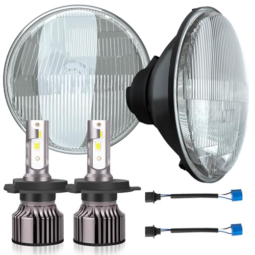 NSDXCT 7 Inch led Glass Headlight Round Lens Housing+H4/9003 Headlight Bulbs, Clear Lens 7 Inch H6024 Round Headlight Sealed High Low Beam Glass Housing, 4PCS