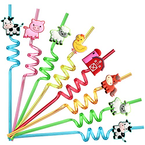 24 Reusable Farm Animal Plastic Straws Chicken Sheep Horse Cow Pig for Barnyard Farm Birthday Party Supplies Gift Favors with 2 Cleaning Brushes