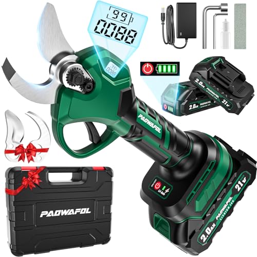 Paowafol 21V Electric Pruning Shears, Cordless Electric Scissors with 2 PCS Rechargeable 2000mAh Lithium Battery Powered & 2 Blades, 35mm (1.4 inch) Max Cutting Diameter Electric Pruning Shears