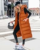 BTFBM Long Puffer Vest Women Quilted Hooded Button Down Zip Up Sleeveless Vests Outerwear Padded Jacket Fall Winter Coat(Orange, Medium)