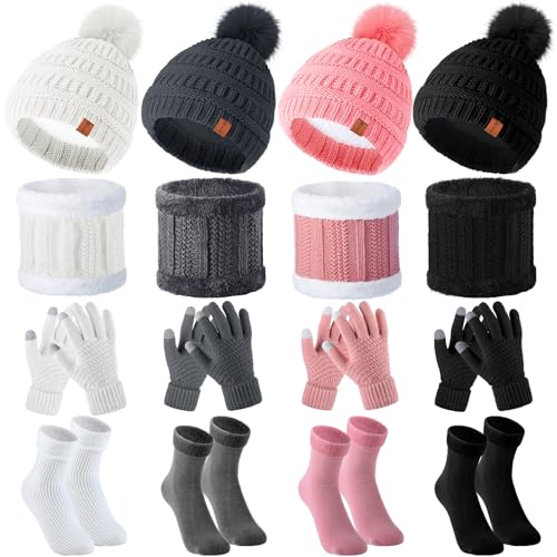 Neer 16 PCS Winter Knitted Beanie Set with Scarf Gloves Sock Warm Fleece Lined Knitted Cap Faux Fur Neck Skull Hat for Women (Classic Color,Novel)