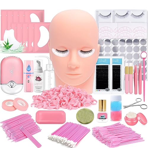 Lash Extension Kit Professional Eyelash Extensions Supplies Training for Beginners Mannequin Head Grafting Lash USB Fan Lash Shampoo Brush Spraye 0.07D Curl Mix 8-15mm Practice Eyelash Strips