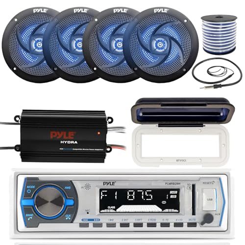 Pyle In-Dash Marine Boat AM/FM USB AUX Radio Headunit Receiver Bundle Combo with 4x 4'' Full-Range 2-Way 100W Blue Light LED Speakers, 4-Channel Bluetooth Amplifier, Radio Shield, Wire, Antenna
