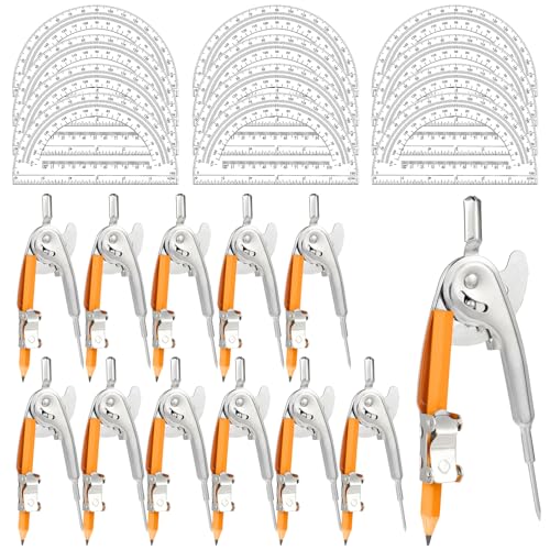 24 Pack Geometry Tool Set, Math Compass for Geometry and 6 Inch Protractor Set Include Metal Compass with Pencil and Clear Plastic Protractor for Student Classroom Office Woodworking Art Drawing
