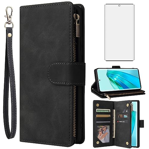 Asuwish Compatible with Huawei Honor X9a Wallet Case and Tempered Glass Screen Protector Leather Flip Cover Card Holder Stand Cell Accessories Kickstand Protective Phone Cases for X 9A A9x Women Black