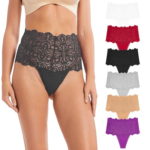 6 Pieces High Waist Thick Blend Stretch Hollow Out Underwear High Waist Lace Tanga Size XLarge