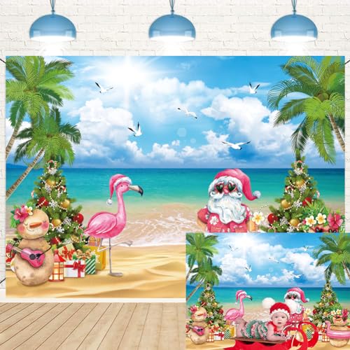 July Christmas Backdrop Tropical Flamingo Palm Tree Hawaiian Photography Background 10x8FT Summer Beach Santa Claus Party Decoration Supplies Photo Props