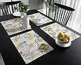 Dining Table Placemats Set Of 6(Cotton Linen),Vintage Floral Plant,Heat Resistant Non-Slip Table Mats,Yellow Blue,Indoor Outdoor Table Placemat for Holiday Banquet Kitchen Table Decor,Machine Washable