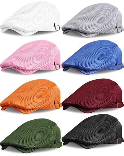 Chuarry 8 Pack Men's Mesh Flat Cap Breathable Summer Newsboy Hat Cabbie Driving Hats for Men (Colorful)