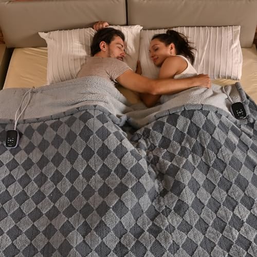 Bearhug Heated Blanket King Size 100" x 90" Dual Controller Electric Blanket Gray Teddy Faux Fur& Warm Sherpa Weighted Heating Blanket 10-Heat Levels& 1-12H Auto Off, ETL, Machine Washable, Gift Box