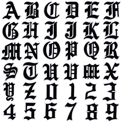 DREMISI Gothic Iron On Letters for Clothing A-Z 26 Varsity Letter Patches Old English Letters 0-9 Iron on Numbers for Clothing Number Badge Goth Iron On Patches Fabric Patches for Jeans Bags, Black