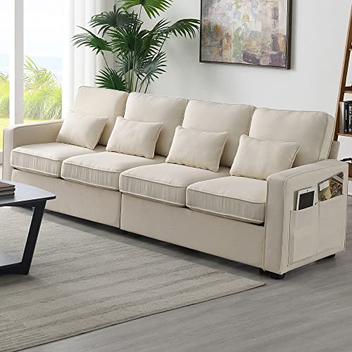 NeoTechEra 104" 4-Seater Modern Linen Fabric Sofa with Armrest Pockets and 4 Pillows,Minimalist Style Couch for Living Room, Apartment, Office,3 Colors