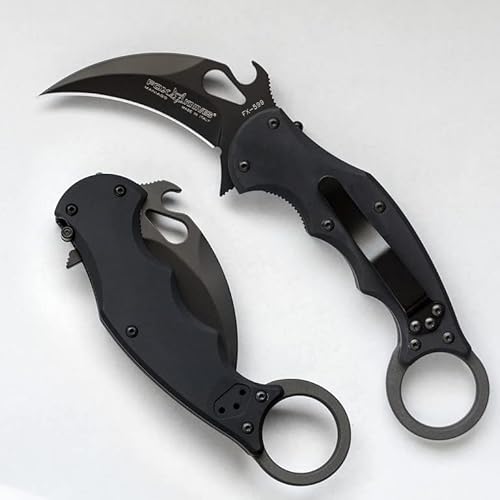 Karambit Fox 599 EVO Black G10 Folding, LAWKS System, Single Edged Knife, Stainless Steel Liner, Reversible Clip, Removable Handles, Blackened for Tactical Use and Deployment, G10 Handle