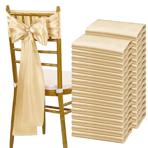 fani 120 PCS Champagne Satin Chair Sashes Bows Universal Chair Cover for Wedding Reception Restaurant Event Decoration Banquet,Party,Hotel Event Decorations (7 x 108 inch)