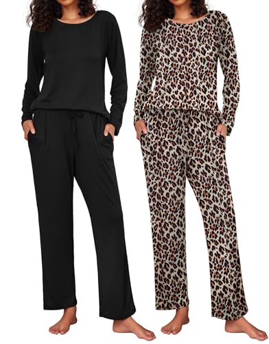 Ekouaer 2 Pack Women's Pajama Set Soft Long Sleeve Sleepwear Loungewear Pjs Sets with Pockets,Small
