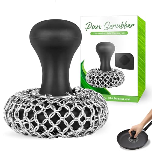 Generic 316L Cast Iron Pan Scrubber | Dish Scouring Pad Dishwasher-Safe Cleaning Kit | Chainmail for Cast Iron Skillet Cleaner, Effortless Cleaning for Pans, Skillets and Grills (Black,1 Scrubber +1)