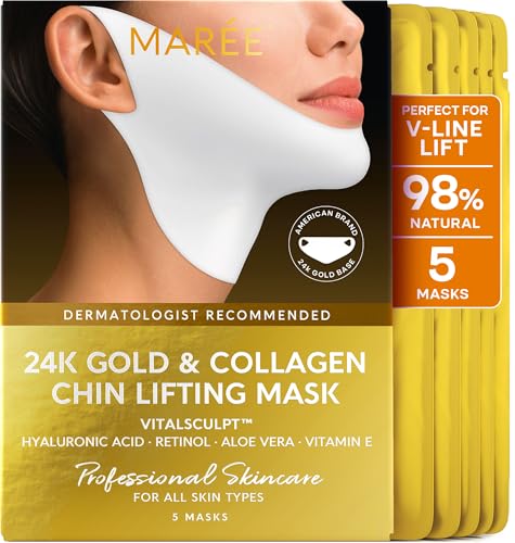 MAREE V Line Lifting Mask with 24K Gold - Deep Collagen Jawline Shaper Mask with Retinol for Face Lift - Hyaluronic Acid, Vitamin E - 5 PACK