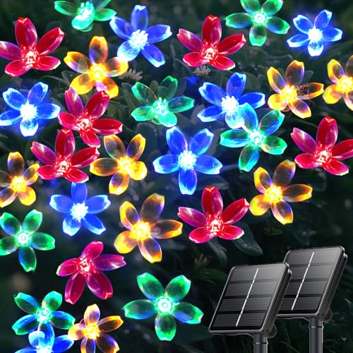 2PK 80LED 50FT Flower Solar String Lights Outdoor Waterproof, Cherry Blossoms Multicolor Lights with 8 Lighting Modes, Garden Decor for Outside, Pathway Light for Fence, Patio, Yard