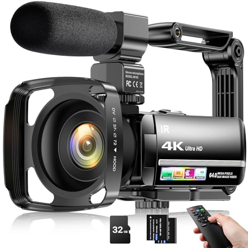 4K Video Camera Camcorder 64MP Vlogging Camera for YouTube 18X Digital Zoom 3.0" IPS Screen IR Night Vision with External Stereo Microphone,Handheld Stabilizer,Remote,Lens Hood,32G Card &2 Batteries