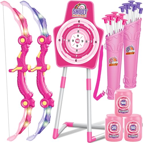 GMAOPHY Bow and Arrow Toys with LED Flash Lights, Birthday Gift for Girls 4 5 6 7 8 9 10 Year Old, Archery Set Indoor Outdoor Activity with 20 Suction Cup Arrows, 2 Targets & Quiver, Kids Sport Toys