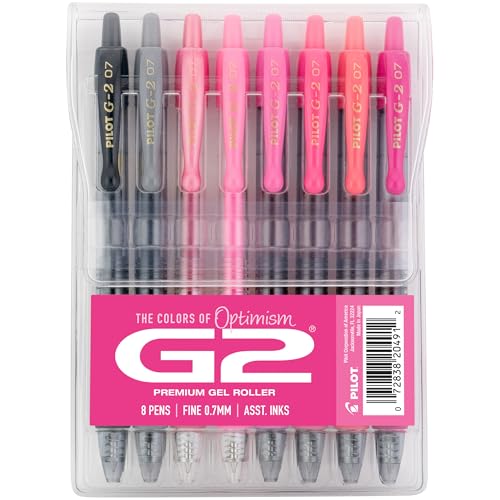 Pilot, G2 Premium Gel Roller Pens, G2 Boost Pink Pack, The Colors of Optimism, 8 Pack Pouch, Fine Point 0.7 mm, Assorted