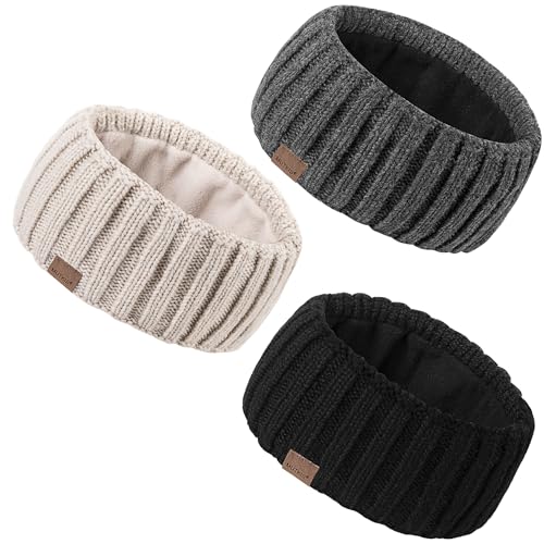 MUTKIS Winter Headbands for Women 3 Pack, Ear Warmers for Women Headband Wool Knit Thick Fleece Lined, Cold Weather Warm Ear Muffs(Black&Beige&Dark Gray)